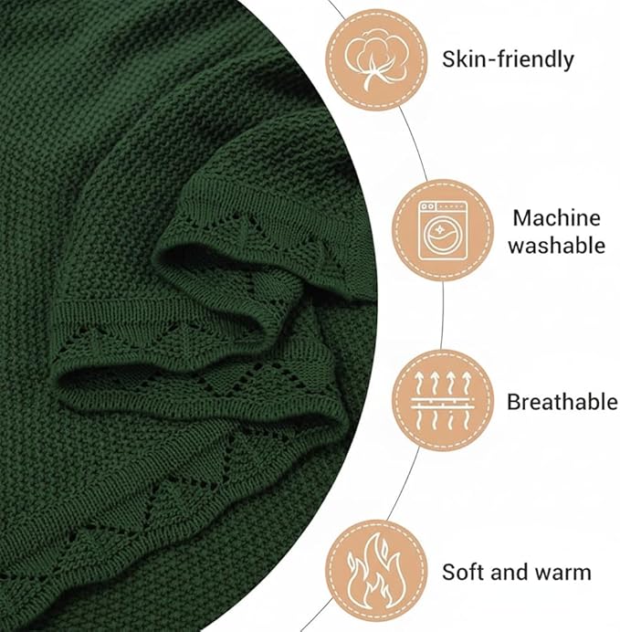 Baby Knit Blanket Soft Breathable Cotton Scallop Border Blankets Newborn Knitted Blanket Swaddle Blankets Gifts for Baby Newborn Toddler Shower Boy Girl New Mom Birthday Christmas Green 30x30