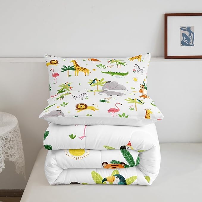 Feelyou Kids Safari Animal Bedding Set King, Nursery Baby Boy Cartoon Lion Jungle Comforter Set Woodland Forest Wildlife Comforter for Kids Boys Girls Kawaii Flamingo Duvet Set 3Pcs