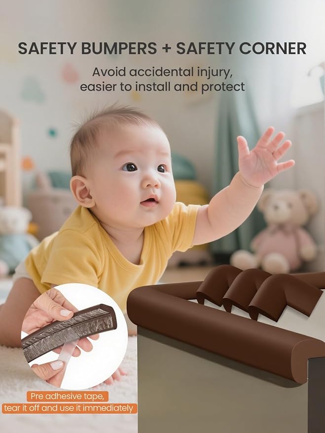 Baby Proof Edge Corner Protector, 6.56FT 0.47''Th L-Shape Furniture Corner & Edge Safety Bumper with 6 Corners, Pre-Taped, Soft NBR Rubber Foam Desk Edge Cushion Wall Corner Protector(Dark Brown)