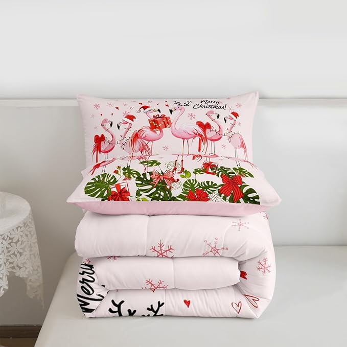 Merry Christmas Full Size Comforter Set,Pink Flamingo Cartoon Bird Animal Bedding Comforters Bedroom Collection,Winter Snowflake Green Leaves Bedding Set for Girls Teens