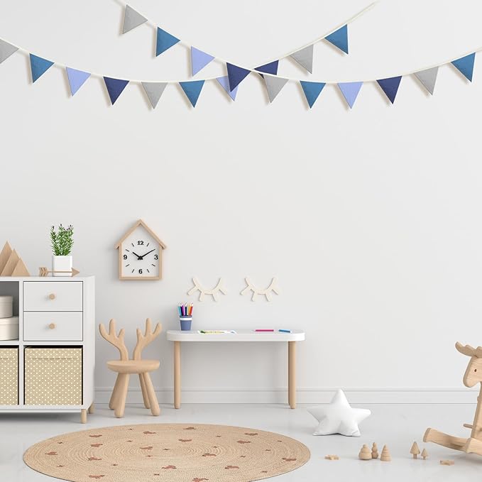 VitalCozy 17 ft Pennant Banner Flags, 2 Pcs Nursery Garland Triangle Bunting Flag Double Side Baby Banner for Boho Decor Baby Shower Birthday Wedding Party Event, Each 8.5 ft(Blue)
