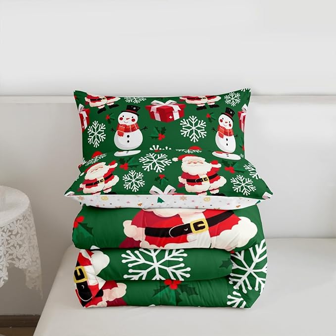 jejeloiu Merry Christmas Comforter Set Full Size Xmas Santa Claus Bedding Set for Kids Boys Girls Cute Snowman Duvet Quilt Green Bedroom Decor