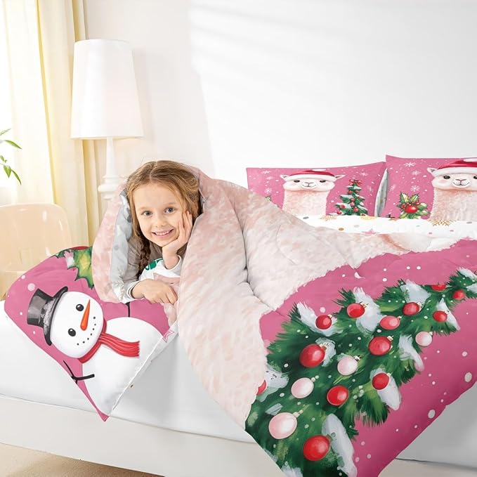 Feelyou Merry Christmas Bedding Set Soft for Boys Girls, Cute Llama Comforter Set Queen Size Snowflake Duvet Quilt Microfiber Christmas Tree Bedroom Decor 3 Pcs with 2 Pillow Cases