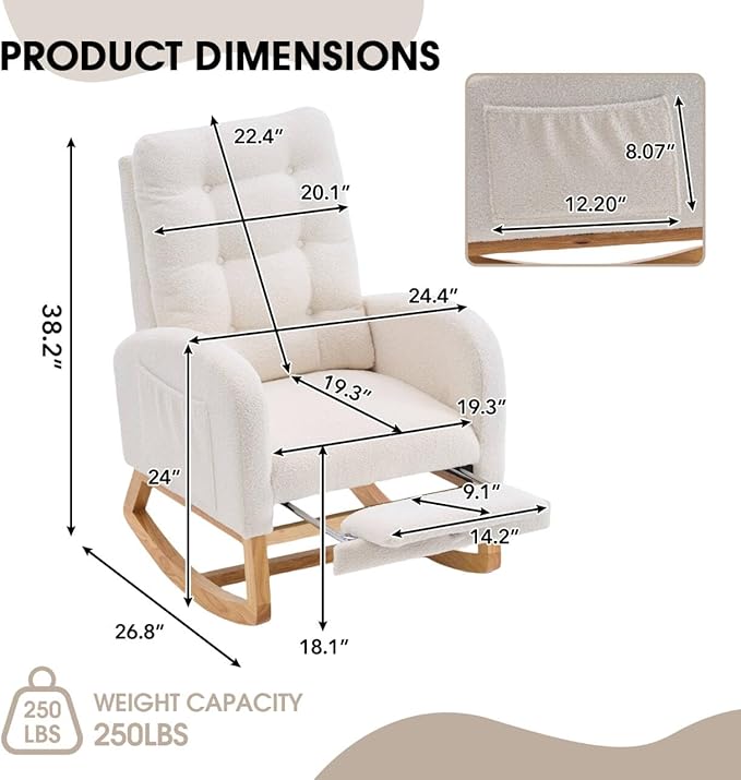NIOIIKIT Nursery Rocking Chair, Linen Upholstered Glider Chair with Footrest, Tufted Rocker Recliner with Side Pocket, Comfy Recliner Glider, Accent Chair for Living Room (Beige Teddy)