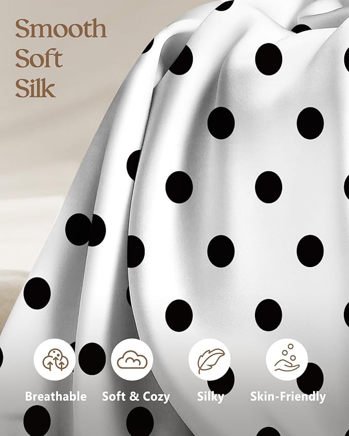 Silk Pillowcase 2 Pack - Pillow Cases 20" x 36" King Size Set of 2 for Hair and Skin Smooth Soft Breathable with Hidden Zipper Cooling Pillow Covers for Sleeping, White Black dot