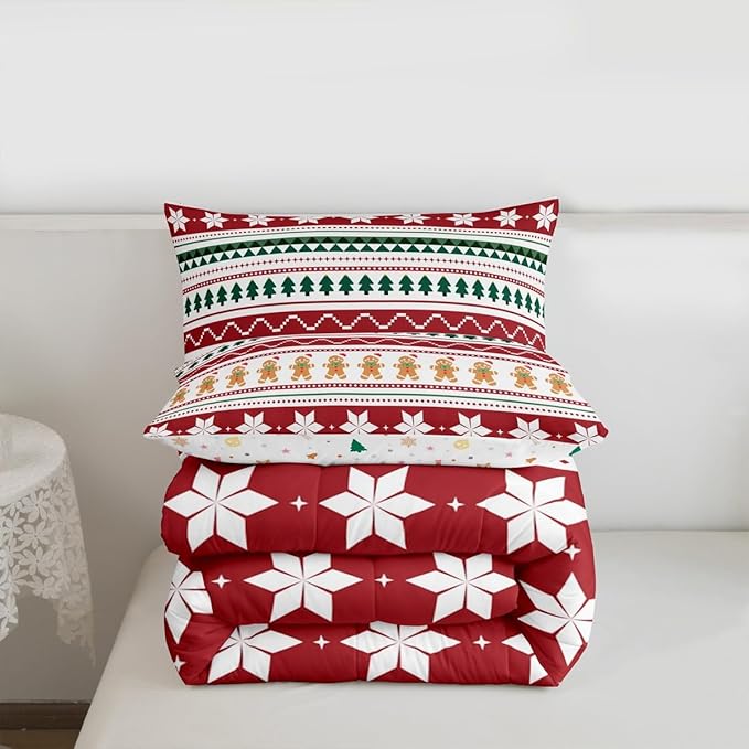 Feelyou Merry Christmas Bedding Set Soft for Boys Girls, Gingerbread Man Comforter Set Full Size Duvet Quilt Microfiber Striped Bedroom Decor 3 Pcs with 2 Pillow Cases