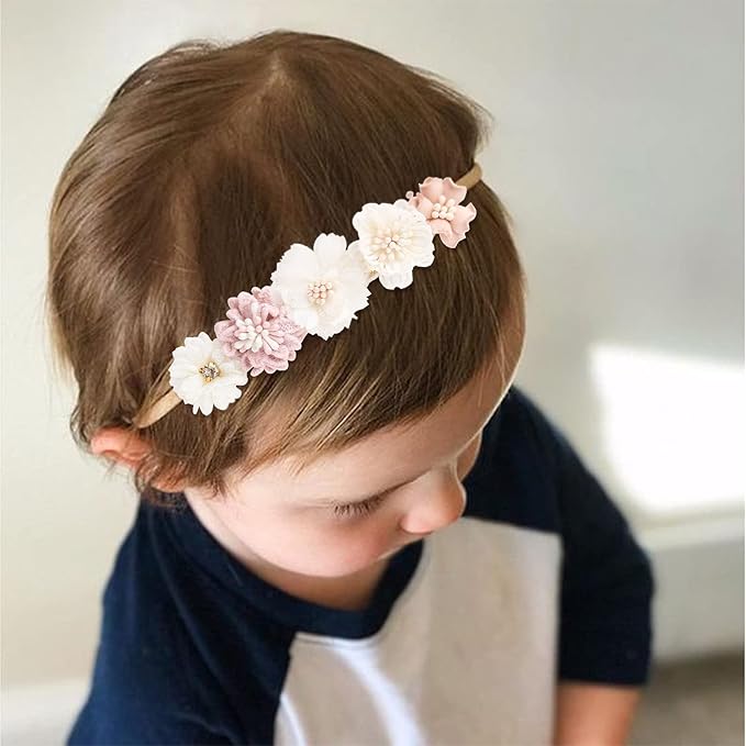cherrboll 3pcs Baby Girl Flower Headbands, Super Soft & Stretchy Nylon Floral Hairbands for Newborn Toddler