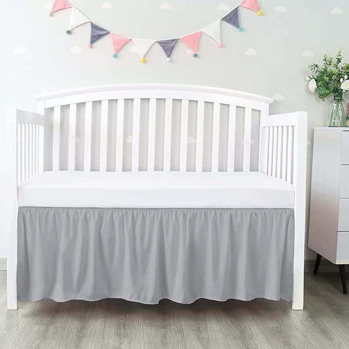 100% Egyptian Cotton, Nursery Crib Toddler (28" x 52" + 16") 800 Thread Count Crib Skirt Dust Ruffle, Bedding Skirts for Baby Boys or Girls, 16" Drop, Silver Solid