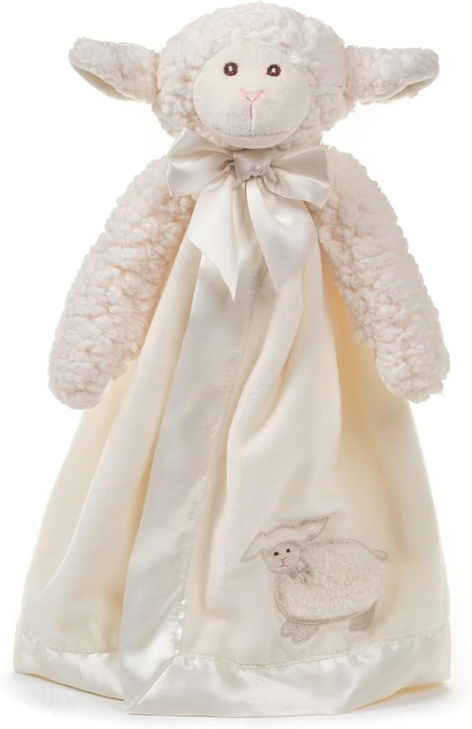 Bearington Baby Lamby Snuggler - 15" White Lamb Plush Lovey for Babies - Soft Stuffed Animal Security Blanket with Satin Bow and Embroidered Eyes - Sweet Baptism Gift Blanket for Boys and Girls