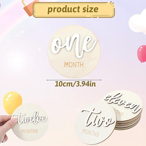 6 Pcs Baby Monthly Milestone Signs, Double Sided Wooden 3D Milestone Markers Disc from 1-12 Months 4 Inch Newborn Age Announcement Sign for Photo Props (White)