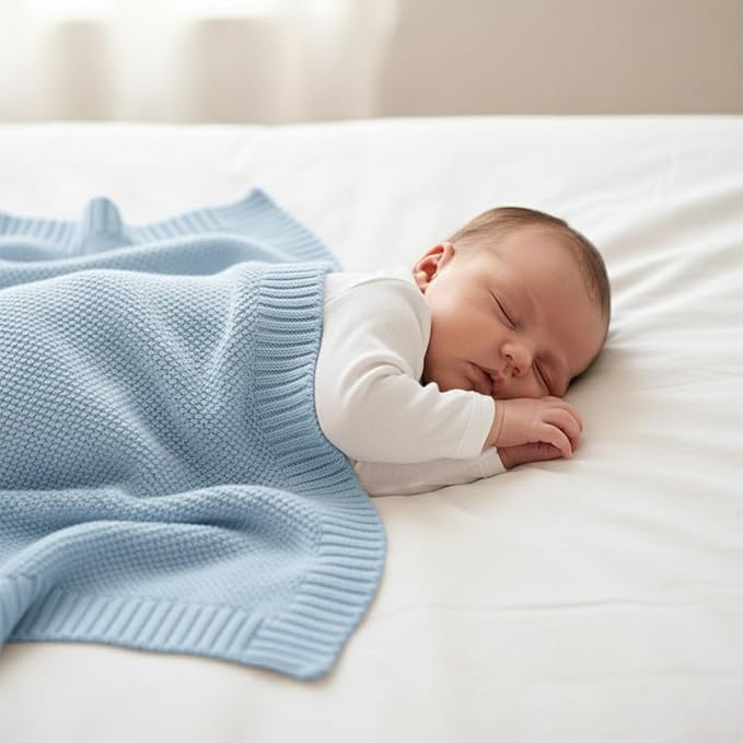 Baby Knit Blanket Soft Cotton Lightweight Newborn Blanket for Crib Stroller Toddler Nursery Shower Gift Cozy Breathable Travel Swaddle Wrap Baby Blue 36 x 28 Inches