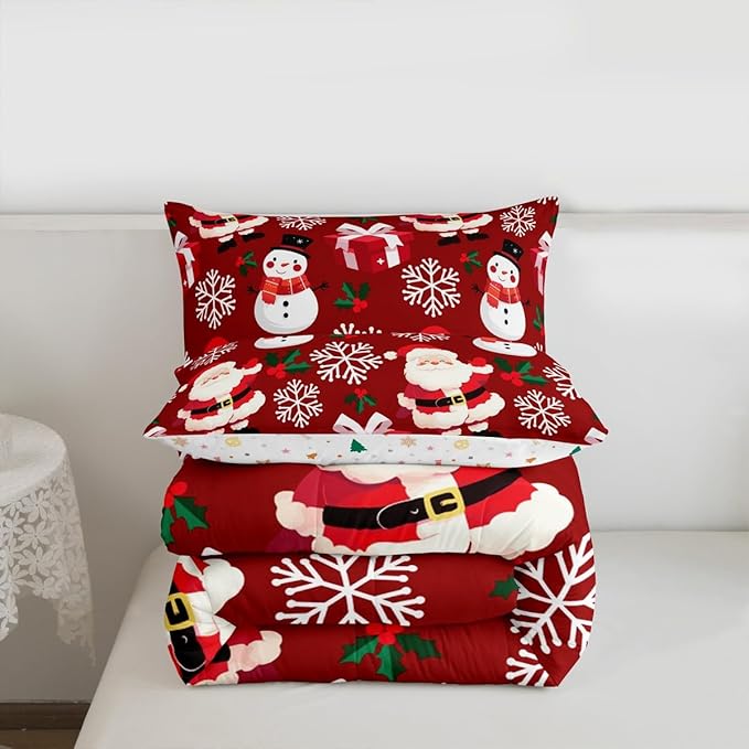 jejeloiu Merry Christmas Comforter Set Twin Size Xmas Santa Claus Bedding Set for Kids Boys Girls Cute Snowman Duvet Quilt Red Bedroom Decor