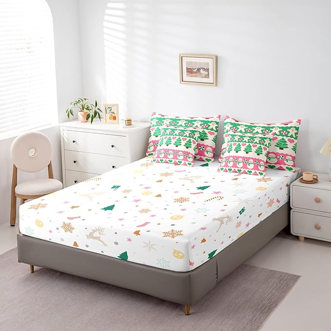 Feelyou Christmas Tree Bedding Set for Kids Boys Girls Cute Cartoon Gingerbread Man Bed in a Bag Snowman Bedding Set Decor Kawaii Xmas Theme Bed Set 7Pcs King Size