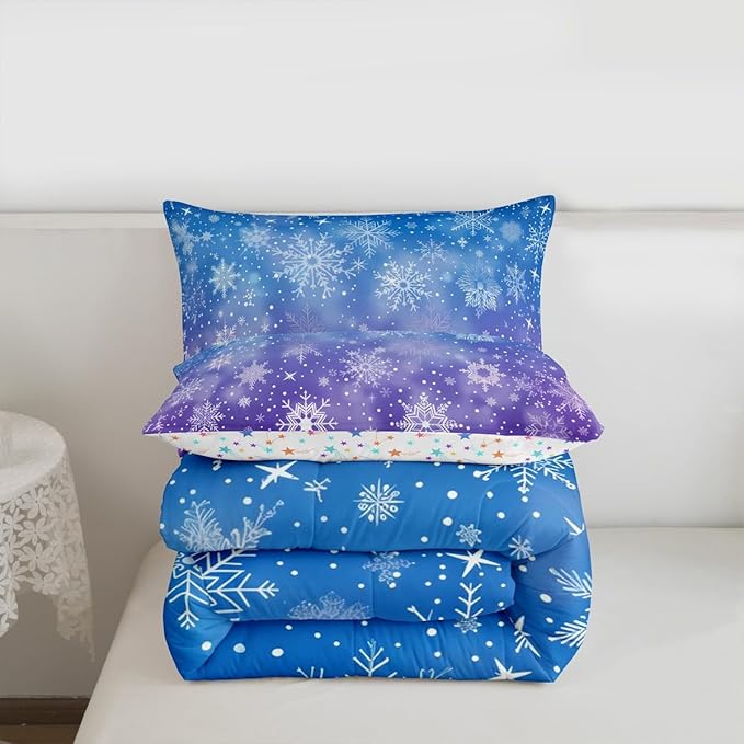 Feelyou Christmas Bedding Set Soft for Boys Girls, Winter Snowflake Comforter Set Full Size Purple Blue Gradient Duvet Quilt Microfiber Bedroom Decor 3 Pcs with 2 Pillow Cases