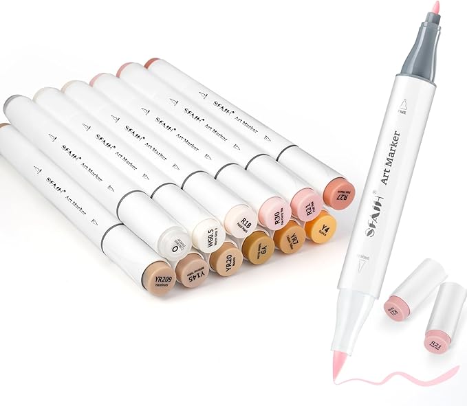 SFAIH Skin Tone Alcohol Markers Brush & Fine - 11 Light Portrait Colors+Mixed Color 0, Blendable & Refillable Permanent Art Markers for Adults/Teen/Artists/Creators & Illustrators