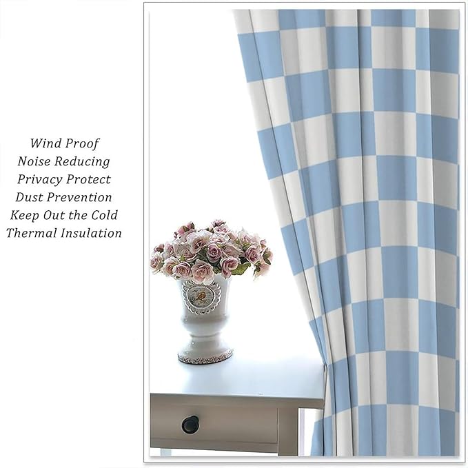 Blue Checkered Curtains,70s Vintage Twisted Checkered Window Drapes Colorful Groovy Trendy Wavy Hippie Grid Print Window Treatments for Kids Girls Bedroom Living Room 84" W X 84" L