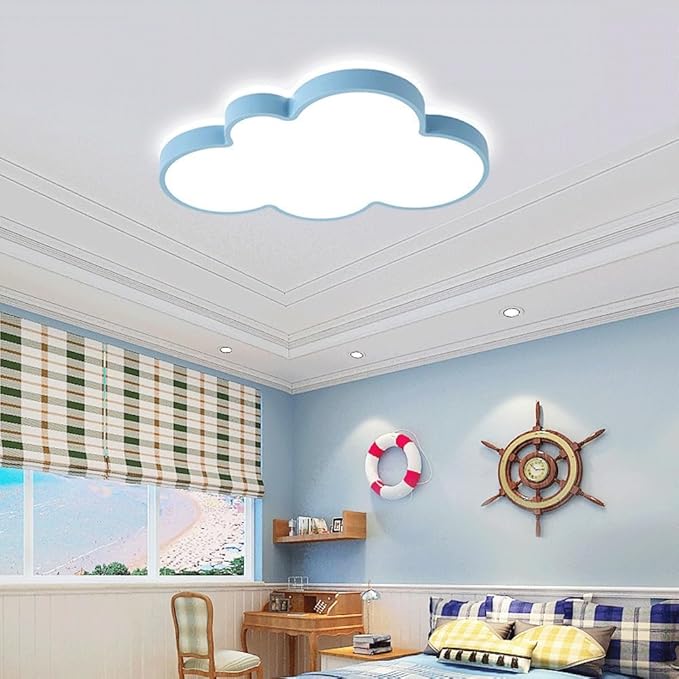 Cute Cloud LED Ceiling Light Fixture, Blue & White Flush Mount Lamp, Modern Eye-Caring Lighting for Kids’ Bedroom, Nursery, Baby Room, Playroom Decor(Blue,48cm)