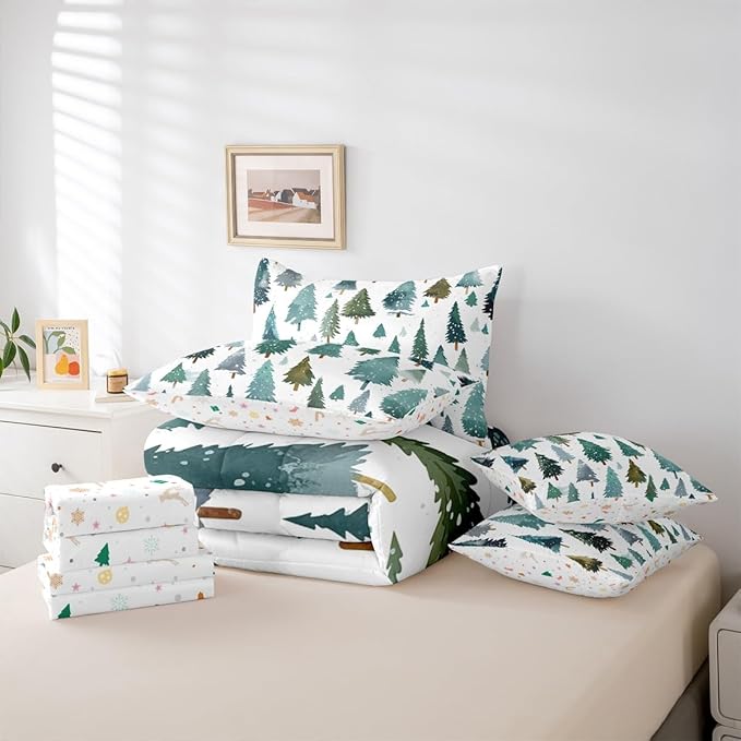 Erosebridal Christmas Tree King Comforter Set with Sheets 7 Piece Green Xmas Pine Tree Bed in A Bag Forest Snowy Nature Scene Bedding Sets for Teens Winter Holiday Christmas Bed Set Happy New Year