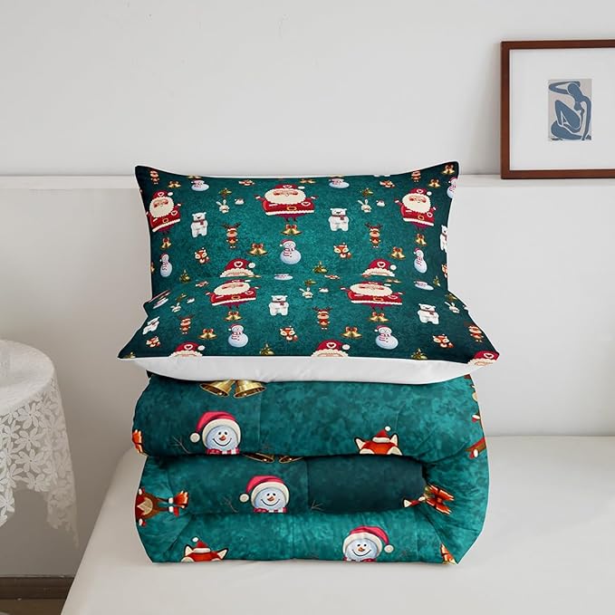 Christmas Comforter Set Cute Snowman Santa Claus Kids Decorations Bedding Set Boys Girls Bear Rabbit Comforter Christmas Bells Design Teal Blue Quilt with 1 Pillowcase 2Pcs Bedding Twin