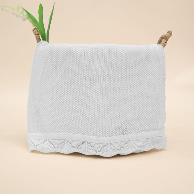 Baby Knit Blanket Soft Breathable Cotton Scallop Border Blankets Newborn Knitted Blanket Swaddle Blankets Gifts for Baby Newborn Toddler Shower Boy Girl New Mom Birthday Christmas White 30x40