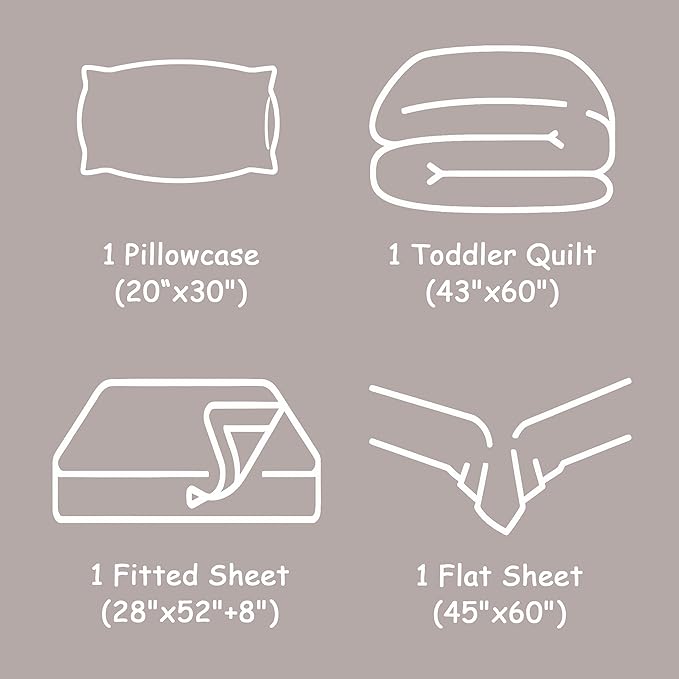 FLXXIE 4 Pieces Toddler Bedding Set, Soft and Breathable Microfiber Crib Sheet Set, Includes Quilted Comforter, Flat Top Sheet, Fitted Sheet, Envelope Pillow Case for Boys and Girls, Somke Grey