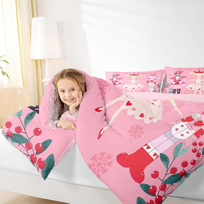 Feelyou Pink Christmas Comforter Set All Season Nutcracker Bedding Set with 1 Pillow Cases Mouse King Microfiber Kids Twin Bedclothes Royal Guarder Ballet Princess Bedroom Decor Duvet Quilt Soft