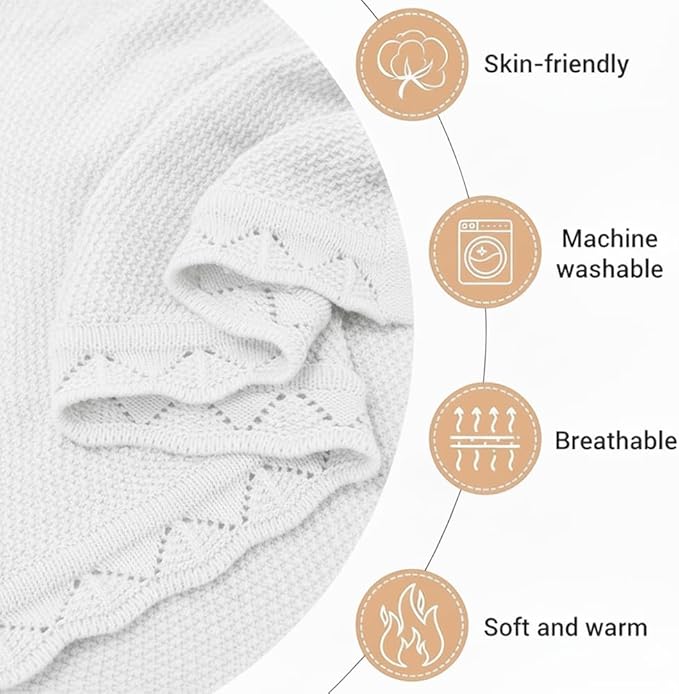Baby Knit Blanket Soft Breathable Cotton Scallop Border Blankets Newborn Knitted Blanket Swaddle Blankets Gifts for Baby Newborn Toddler Shower Boy Girl New Mom Birthday Christmas White 30x40