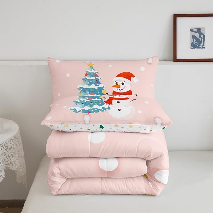 Castle Fairy Cartoon Christmas Full Size Comforter Set,Xmas Cute Snowman Pine Trees Bedding Comforters Bedroom Collection,Pink Cream Candy Girly Funny Bedding Set for Girls Teens