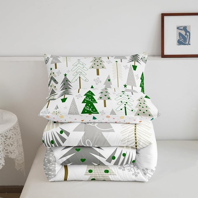 Castle Fairy Xmas Trees Comforter Set King Size,Merry Christmas Pine Hand Drawn Bedding Set All Season Quilt Set,Green Plant Snowflakes Winter Microfiber Polyester Down Comforter
