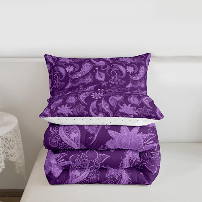 Feelyou Vintage Purple Floral Bedding Set Queen Size, Paisley Floral Comforter Set Boho Floral Comforter for Kids Toddler Paisley Duvet Set Microfiber Bed Set