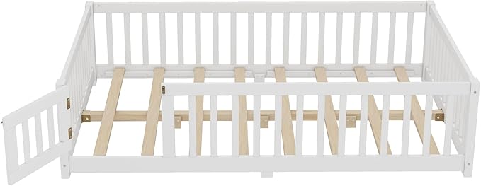 Harper & Bright Designs Full Floor Bed with Safety High Fence, Wood Montessori Bed with Door, Full Size Floor Beds with Solid Wood Support Slats for Boys, Girls, Kids, White