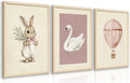 kilamino Pink Baby Girl Nursery Wall Art, Neutral Cute Rabbit and Swan Wall Decor, Vintage Hot Air Balloon Poster Prints, Pastel Bunny Animals Canvas Paintings for Baby Room Wood Framed 16"x24"x3