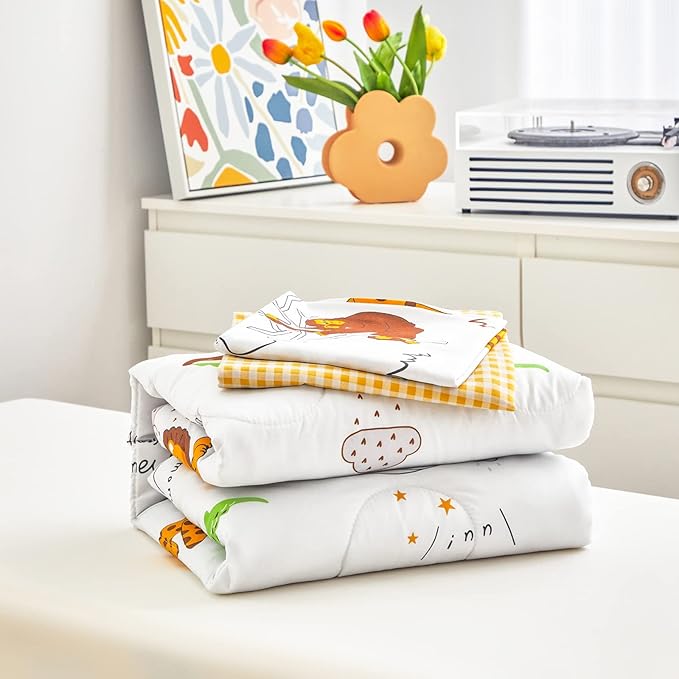 Flysheep 4 Piece White Toddler Bedding Set for Baby Girls and Boys, Cute Animals Printed - Includes Quilted Comforter, Flat Sheet, Fitted Sheet & Pillow Case, Soft Microfiber