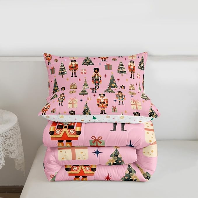 jejeloiu Xmas Nutcracker Comforter Set Queen Size Christmas Pink Bedding Set for Kids Boys Girls Cute Snowflakes Duvet Quilt Bedroom Decor
