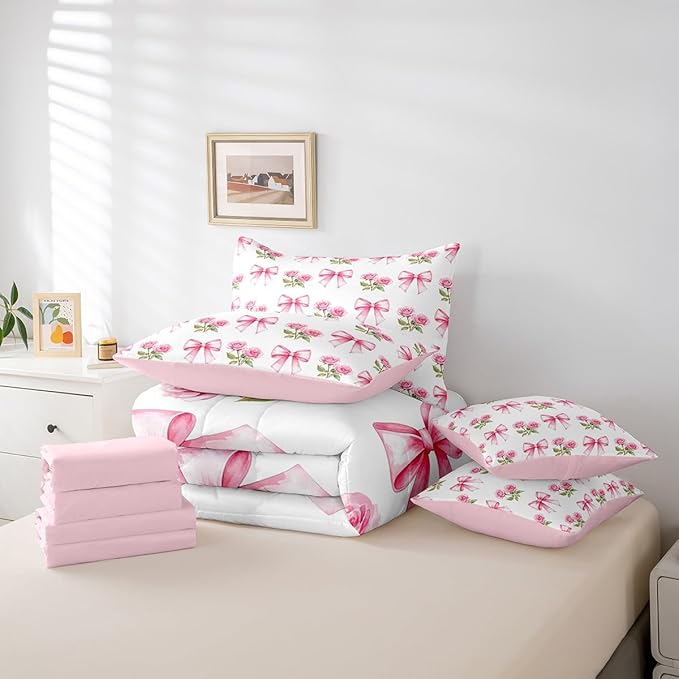 7 Pieces Pink Bowknot Kids Comforter Queen,Rose Flowers Valentine's Day Romantic Bedding Set,Pink Bow Tie Knot Princess Dreamy（Comforter+Fitted+Flat Sheet+2 Pillowcases+2 Throw Pillow Covers）