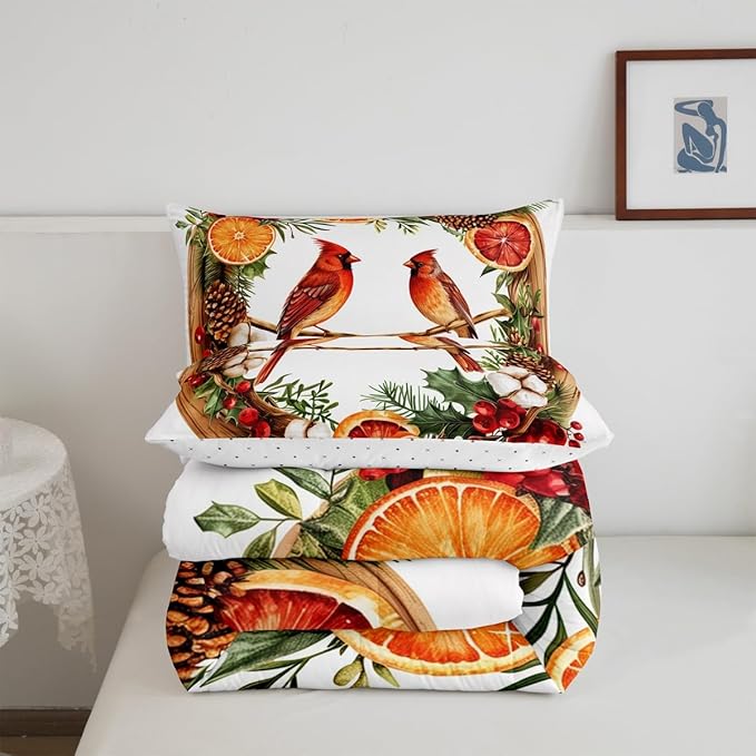 jejeloiu Kids Red Cardinal Comforter Set Queen Size Christmas Theme Bedding Set for Boys Girls Teens Xmas Birds Animal Lemon Winter Wood Duvet Quilt Room Decor