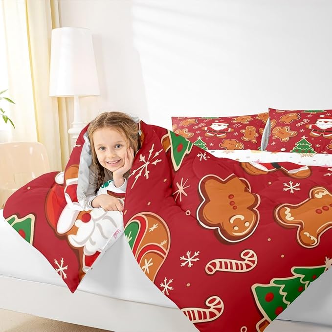 Feelyou Christmas Kids Comforter Set Twin Size Santa Bedding Set Gingerbread Man Duvet Quilt for Kids Boys Girls Bedroom Xmas Tree Snowflake Decor Microfiber Ultra Soft Breathable