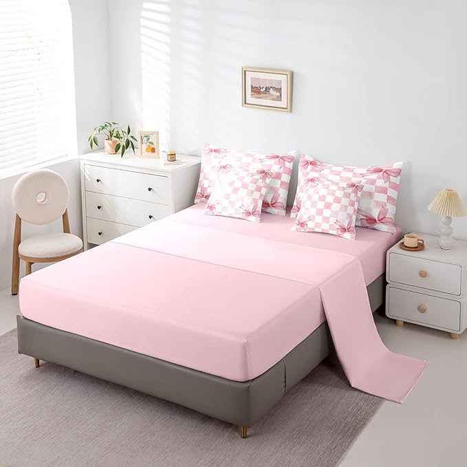 7 Pieces Pink Bowknot Kids Comforter King,Geometric Grid Checkered Patchwork Fashion Bedding Set,Bow Tie Knot Princess Chic Unique（Comforter+Fitted+Flat Sheet+2 Pillowcases+2 Throw Pillow Covers）