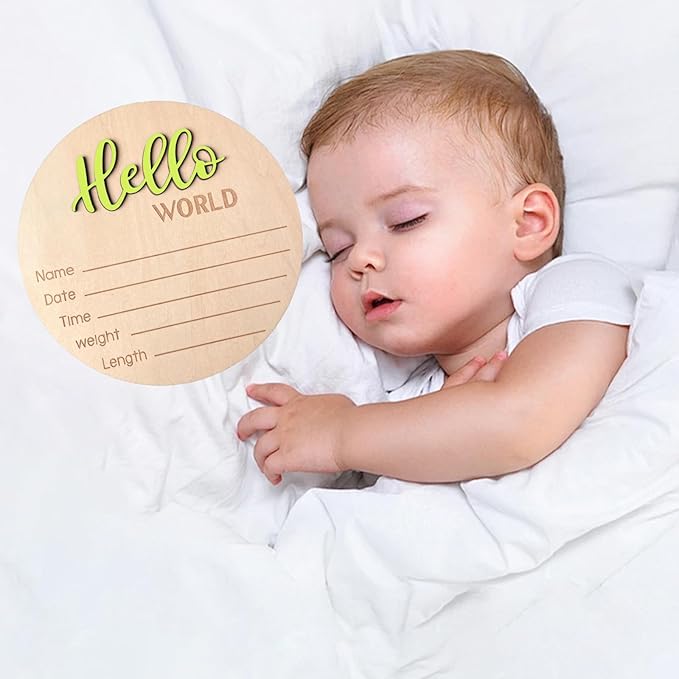 Baby Announcement Sign, 5.9 Inch Wooden Hello World Newborn Signs, Birth Announcement Sign, Baby Shower Hospital Nursery for Newborn Boys and Girls (Wilderness Green)