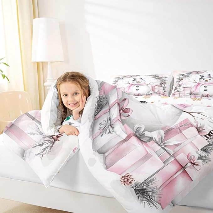 Feelyou Merry Christmas Comforter Set All Season Cute Snowman Bedding Set with 2 Pillow Cases Microfiber Kids Full Bedclothes Snowflake Bedroom Decor Duvet Quilt Breathable Soft