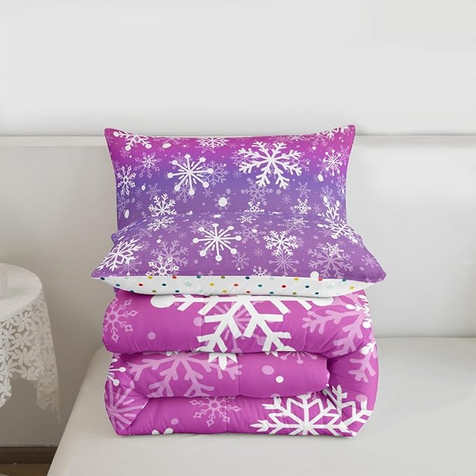 Feelyou Christmas Comforter Set All Season Pink Purple Bedding Set with 2 Pillow Cases Winter Snowflake Microfiber Kids King Bedclothes New Year Holiday Bedroom Decor Duvet Quilt Soft Lightweight