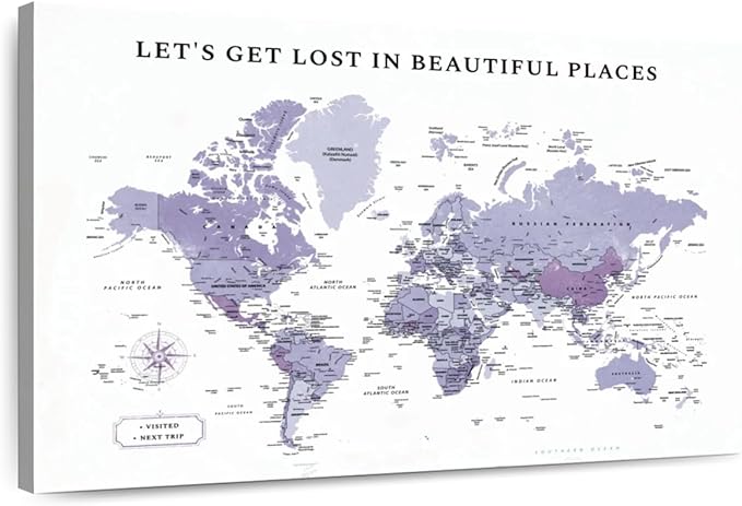 ElephantStock - Beautiful Places II Push Pin World Map Wall Art - Horizontal Canvas Wall Art - Living Room Wall Decor - Digital Art Map Canvas Art - White And Black Decor - 12" x 8"