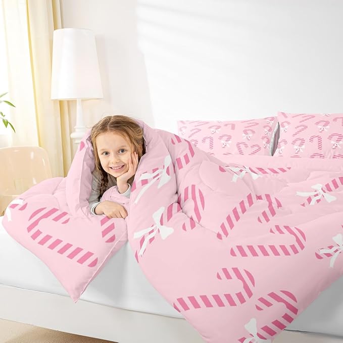 Feelyou Merry Christmas Comforter Set Toddler Size Pink Candy Cane Bedding Set for Kids Boys Girls Bow Duvet Quilt Bedroom Decor Microfiber 2 Pcs with 1 Pillow Cases
