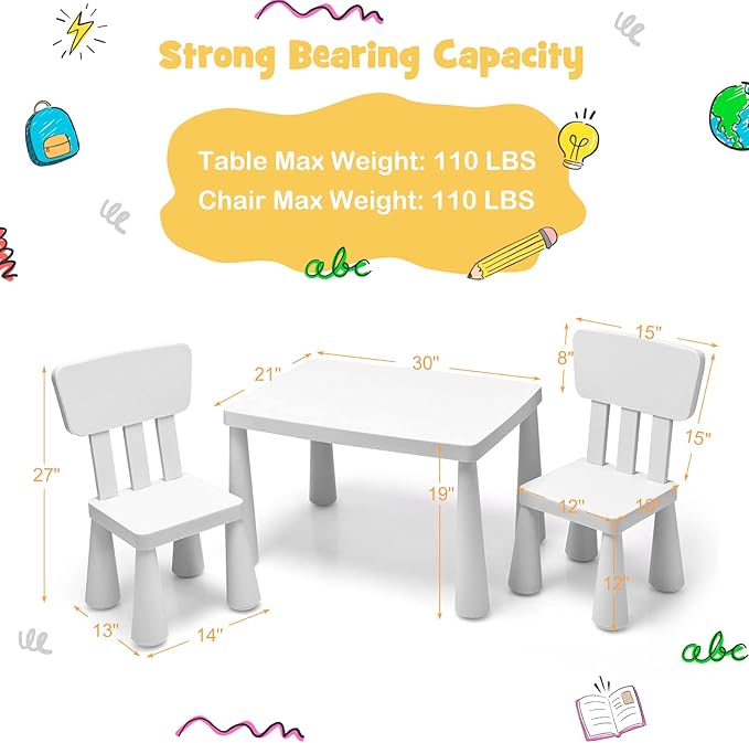 HONEY JOY Kids Table and Chair Set, Plastic Children Activity Table and 2 Chairs for Art Craft, Easy-Clean Tabletop, 3-Piece Toddler Furniture Set for Daycare Playroom, Gift for Boys Girls(White)