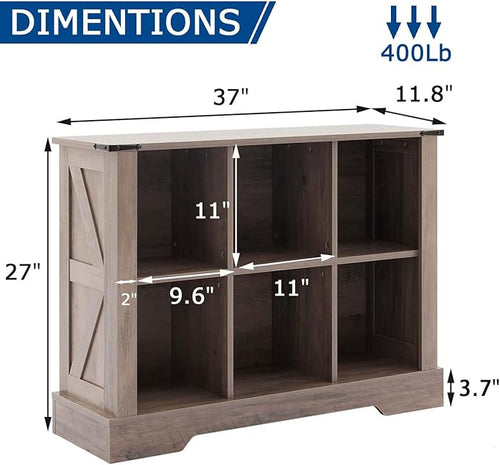 6 Cube Storage Organizer, 2 Tier Book Shelf with Led Lights, Farmhouse Book Shelves for Living Room, Horizontal Toy Storage Bookshelf, Wood Display Bookcase Cabinet for Bedroom, Office, Grey