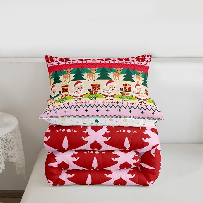 Feelyou Merry Christmas Comforter Set King Size Santa Claus Bedding Set for Kids Boys Girls Cute Deer Duvet Quilt Snowflake Bedroom Decor Microfiber 3 Pcs with 2 Pillow Cases