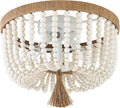 VILUXY Bohemia Wood Beaded Flush Mount Ceiling Light Antique Rustic Mini Round Chandelier White for Bedroom Kitchen Island Girl Room Entryway 3-Light