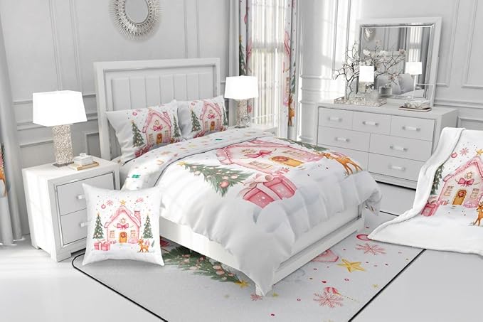 Feelyou Gingerbread House Bedding Set Soft for Boys Girls, Christmas Tree Comforter Set Twin Size Reindeer Duvet Quilt Microfiber Snowflake Bedroom Decor Holiday Scene 2 Pcs with 1 Pillow Cases