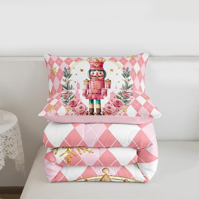 Feelyou Christmas Comforter Set Twin Size Pink Nutcrackers Bedding Set for Kids Boys Girls Rhombus Pattern Duvet Quilt Floral Bedroom Decor Snowflake Microfiber 2 Pcs with 1 Pillow Cases