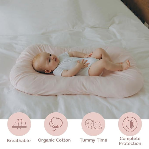 Aila + Aiden Baby Lounger | Organic Cotton Infant Lounger | Adjustable & Portable Floor Lounger | Supervised Use | Soft, Breathable, Washable Cover - Snuggle Collection - (Pink)